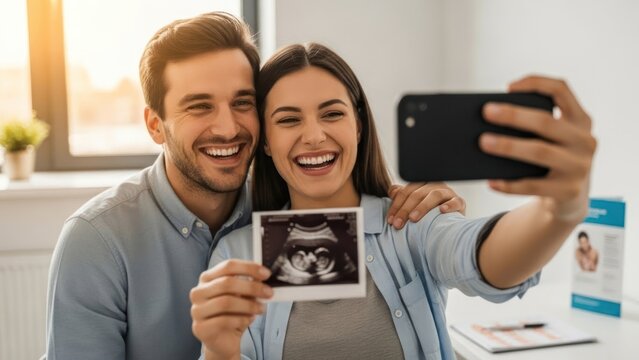 Excited couple taking selfie with ultrasound photo