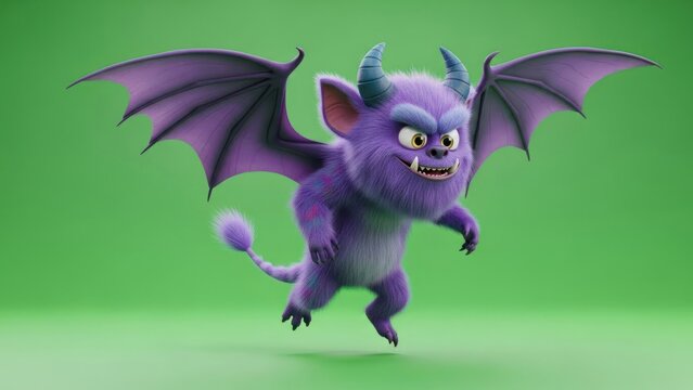 Cute purple fuzzy monster with wings and horns on green background