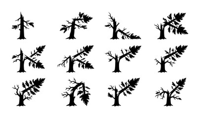 Set of 12 Silhouette Pine Trees, Bent and Damaged, Vector Graphics for Nature and Environmental Concepts © Shemul