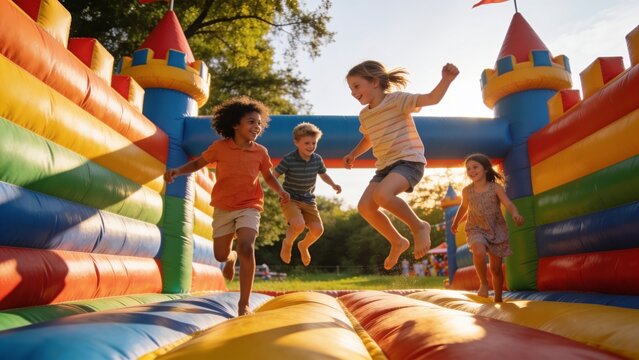 Happy children running and playing inside a colorful inflatable bounce house on a sunny summer day.