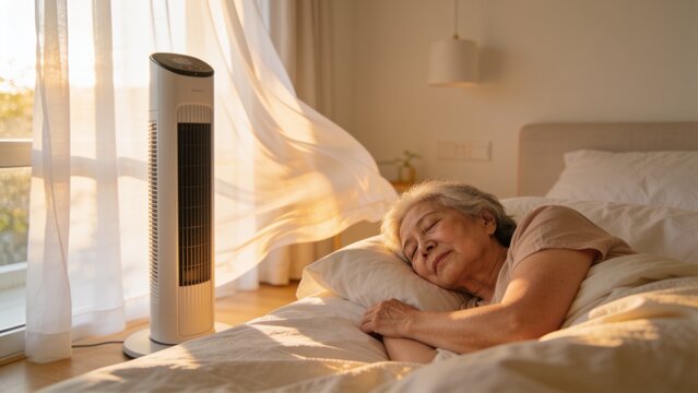 Senior woman sleeping peacefully in bed with a bladeless tower fan in a bright modern bedroom.