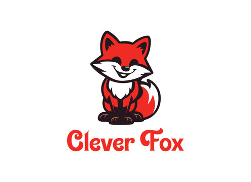 Cute clever red fox cartoon mascot logo template, smiling sitting wild animal character vector illustration, typography text design, Fox vector illustration silhouette icon design, clip art vector