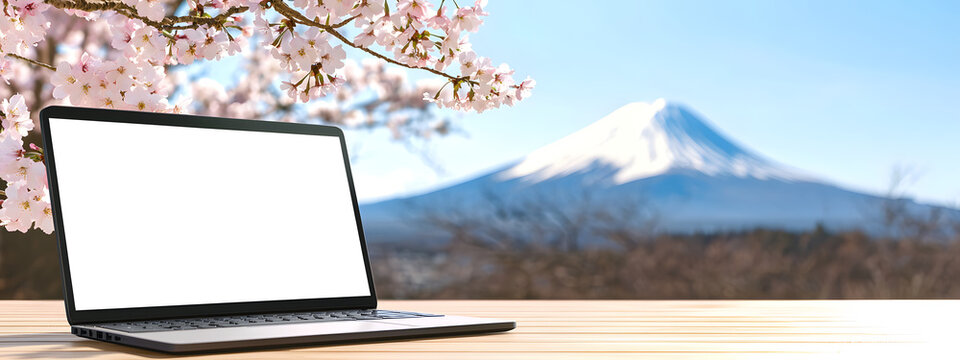A laptop with a white screen mockup next to cherry blossoms against a distant volcano