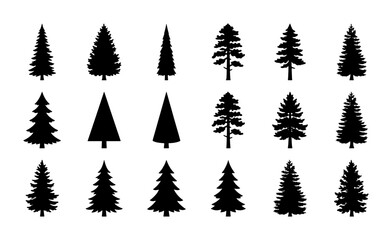 Obraz premium Coniferous Tree Silhouettes, Pine and Fir Forest Icons, Evergreen Woodland Vector Collection for Nature Design