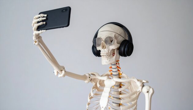 Fun selfie moment with skeleton model and headphones