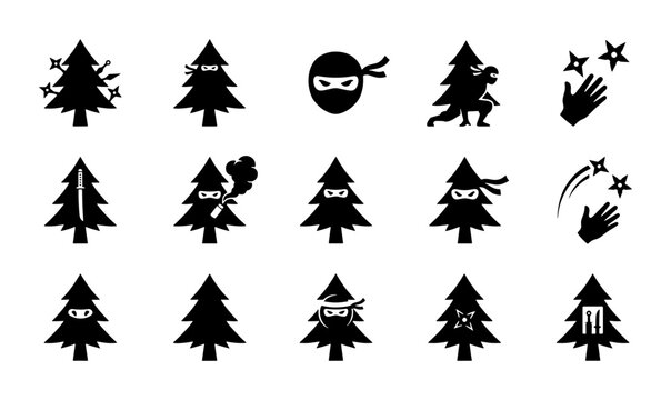 Ninja Christmas Trees Vector Icons Set, Festive Holiday Characters, Stealthy Winter Forest Symbols, Black Silhouette Graphics for Seasonal Design