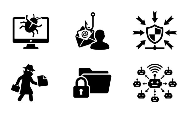 Cybersecurity Icons Set: Virus, Phishing, Firewall, Spy, Encryption, Botnet, Digital Security Concepts