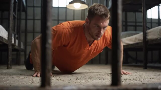 Prisoner in orange uniform doing push ups in a jail cell, exercising behind bars in a prison, concept of incarceration, discipline, fitness, and loss of freedom.