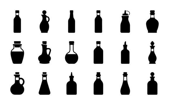 25 Black Silhouette Icons: Various Glass Bottles, Jars, and Cruets for Oil, Vinegar, and Condiments. Culinary and Kitchenware Vector Collection.
