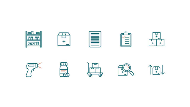 Pharmacy inventory and stock management icon sheet &ndash; Perfect for retail drugstore logistics software, warehouse management systems, or B2B apps.
