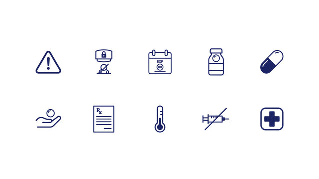 Childproof cap and expiration date outline icons &ndash; Suitable for pharmacy dispensing instructions, medicine storage advice, or product warning labels.
