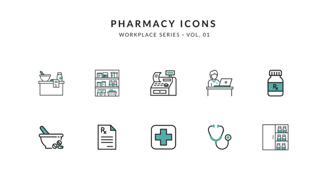 Pharmacy consultation desk and cash register vector icons &ndash; Great for commercial retail graphics, medical franchise manuals, or drugstore systems.