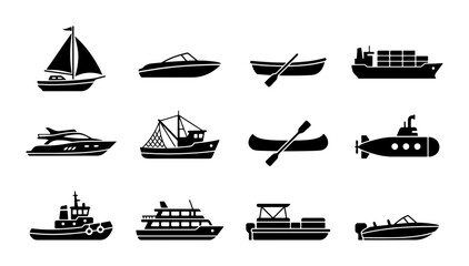 Diverse Nautical Vessels Collection, 12 Vector Icons: Sailboat, Speedboat, Cargo Ship, Yacht, Tugboat, Submarine, Canoe, Pontoon Boat, Fishing Boat © Rajib