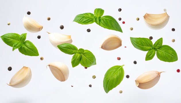 Flying garlic cloves with basil and peppercorn culinary concept