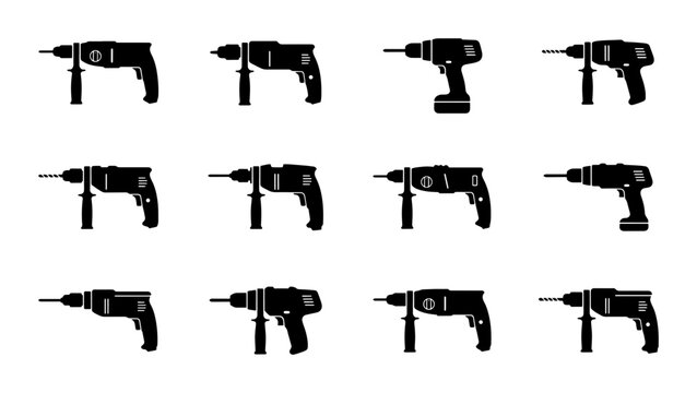 Collection of 12 Black Silhouette Power Drill Icons, Vector Set for Construction and DIY Projects, Industrial Tool Graphics