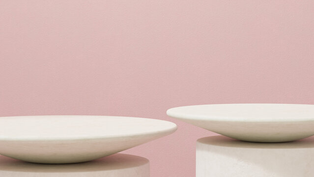 Pink backdrop with two empty pedestal podiums for product display   and minimal scene with copy space.