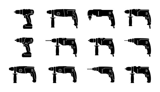 Collection of 12 Black Silhouette Power Drills, Rotary Hammers, and Impact Drivers, Vector Icons for Construction and DIY Projects