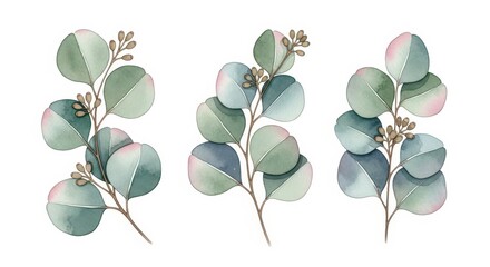 Obraz premium Watercolor Eucalyptus Branches with Silver Dollar Leaves and Seed Pods Illustration Set on White Background