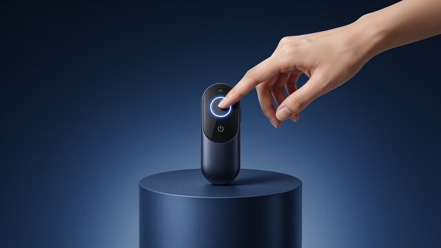 Hand pressing the power button on a compact portable Bluetooth speaker placed on a minimalist blue podium creating a modern audio technology product display.
