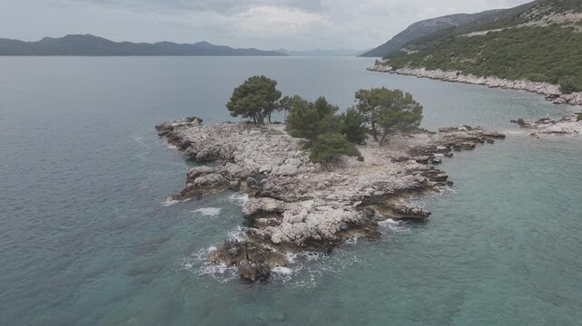 Small Rocky Island with Pine Trees in Turquoise Sea