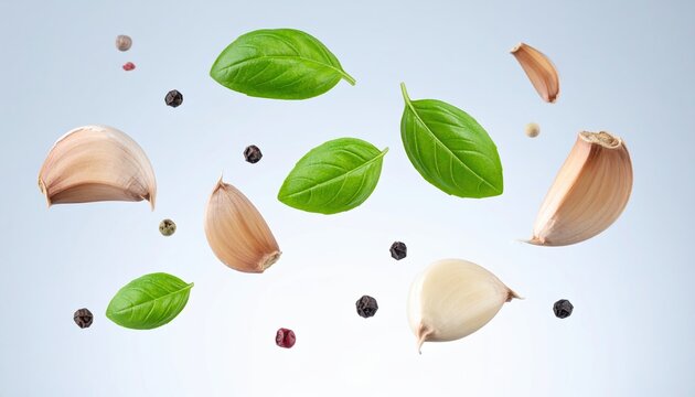 Flying garlic cloves with basil and peppercorn culinary concept