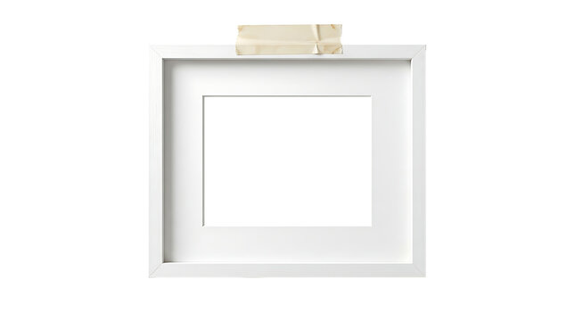 Minimalist empty white picture frame with small decorative box on top isolated on transparent background