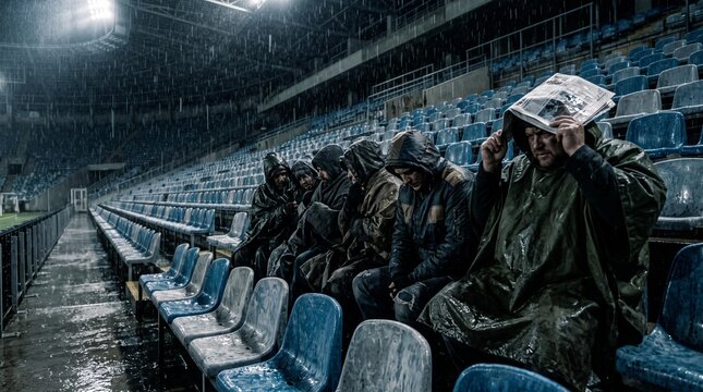 Group of people wearing raincoats sitting in empty stadium seats during heavy rain, some holding newspapers to shield from the downpour