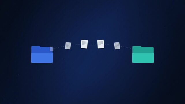 Blue folder receiving documents then transferring files to green folder on navy background