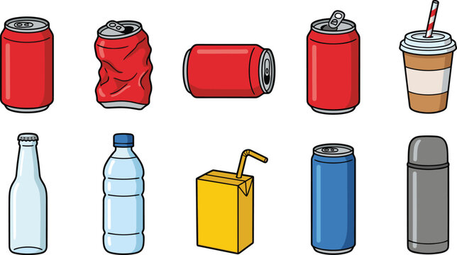 vector set of various beverage containers including aluminum cans plastic bottles and juice boxes isolated on a plain white background
