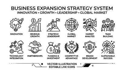 Naklejka premium Editable line icon set of business expansion strategy system with innovation growth leadership and global market vector illustration