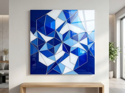 Abstract blue geometric glass wall art in modern living room