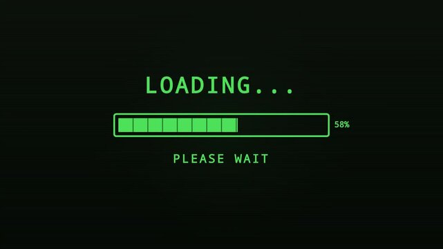 Green terminal style loading bar with please wait text filling to 100 percent