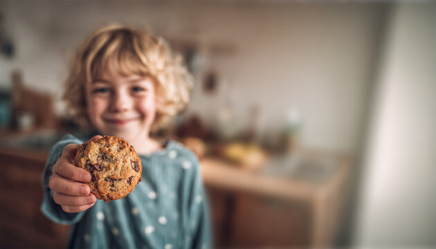 Young boy giving a freshly baked cookie with a warm smile, heartwarming portrait celebrating kindness, sharing and childhood happiness