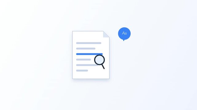 Document icon with search magnifier and chat bubble animating on white background
