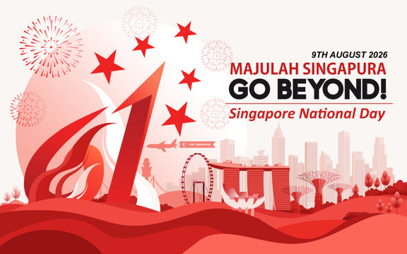 Majulah Singapura Go Beyond Singapore National Day 2026 Vector Illustration Banner with Iconic Skyline and Dynamic 61st Symbol. Best for Coorporate Greeting, Social Media, and Campaigns. 