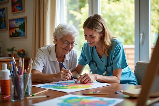 Warm, Sun-Drenched Studio: A Caregiver and Senior Bonding Over a Colorful Painting Session, Surrounded by Art Supplies and Completed Creations