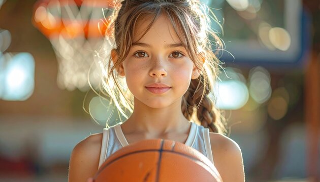 A young girl, holding a basketball with a court and hoop blurred in the background