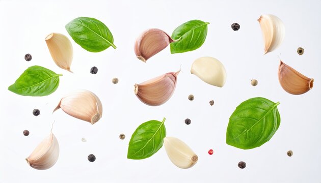 Flying garlic cloves with basil and peppercorn culinary concept