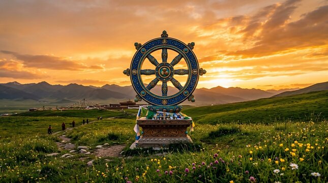 Dharmachakra wheel symbol in a Tibetan landscape at sunset