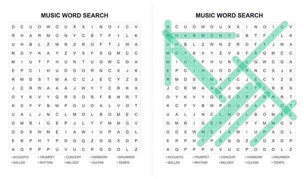 Music word search puzzle with highlighted answers on grid  