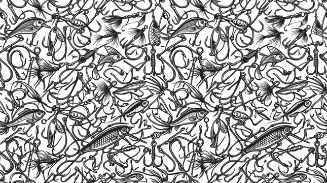 Seamless abstract vintage fishing hooks and lures pattern engraving vectorSeamless abstract vintage fishing hooks and lures pattern engraving vector