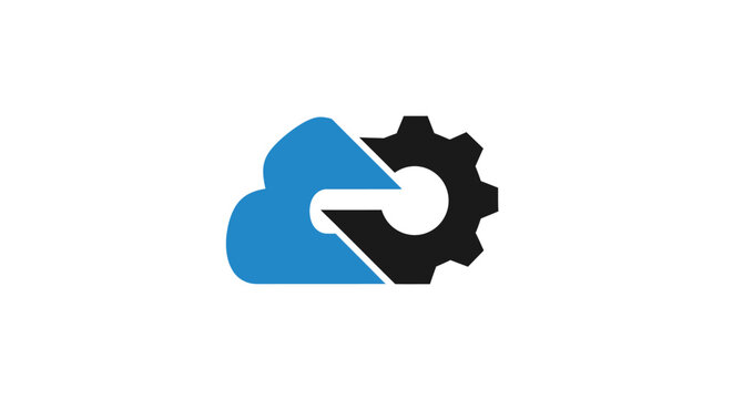 Cloud computing and gear wheel logo representing technology solutions and innovation