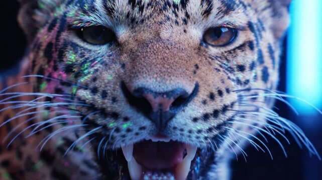 A Striking Close-Up of a Leopard Showcasing Intricate Patterns and Colors on Its Face, Captured in Artistic Lighting Highlights
