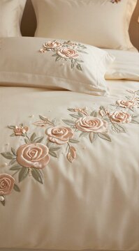 Embroidered floral duvet and pillow displayed on bed