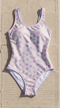 Pastel one piece swimsuit displayed flat on tile surface