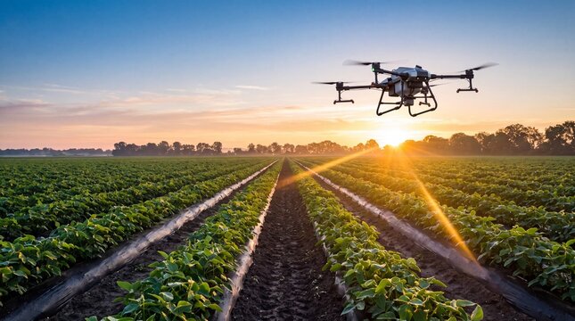 Aerial view of drone over fertile crops during golden hour sunrise.