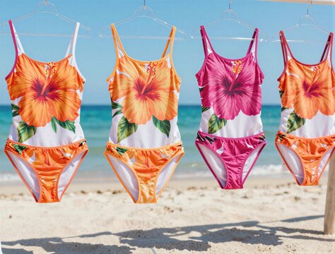 Colorful floral swimsuits hanging on line at sandy beach shoreline