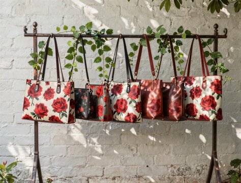 Floral tote bags hanging on metal rack against brick wall