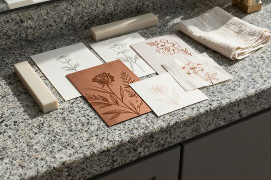 Botanical greeting cards arranged on granite bathroom counter
