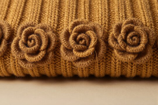Knit sweater with decorative rose appliques on tabletop surface